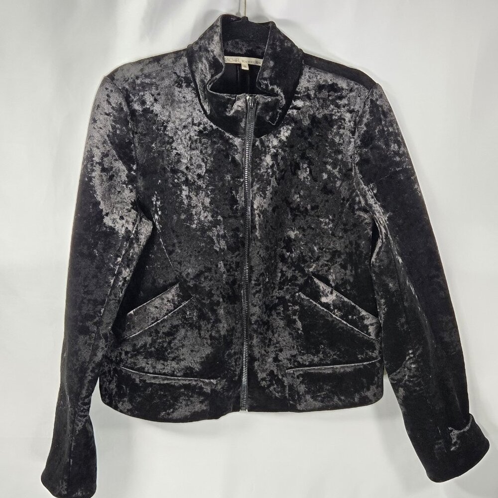 Rachel Roy Womens Large Velvet Bomber Jacket Black Full Zip Pockets